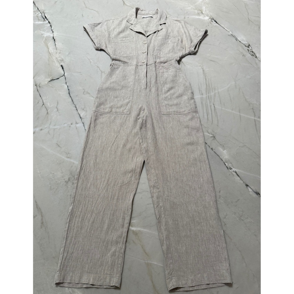 Abercrombie & Fitch Linen Blend Utility Jumpsuit Beige Short Sleeve Small